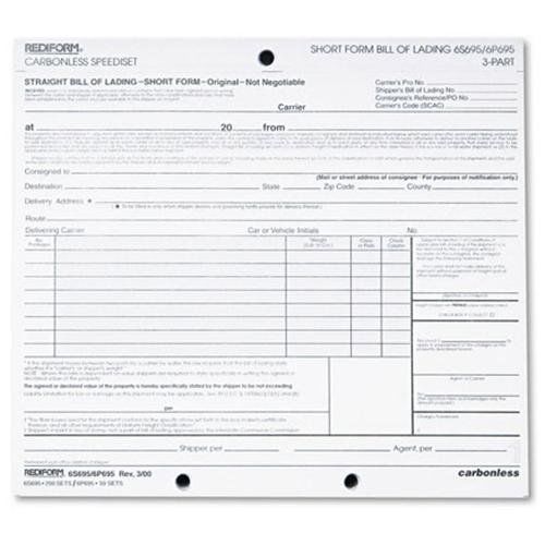 REDIFORM OFFICE PRODUCTS 6P695 Bill Of Lading, Short Form, 8-1/2 X 7,