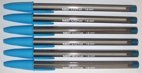 6 Bic Cristal Bold Ballpoint Pens - Baby Blue Ink - Bold 1.6mm
