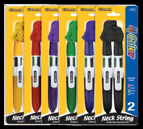 BAZIC Bullet 4-Color Neck String Pen (2/Pack), Case of 12