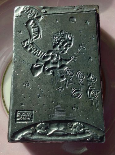 HAPPY NEW YEAR BABY  &amp; Roses Antique Lead Scott Boyd  Printing Printers Block,