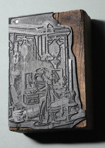 Vintage Letterpress Print Block, early 20th C.; Young Woman At Dressing Table