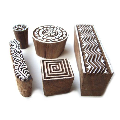 Geometric, floral hand carved wooden tags for block printing (set of 5) for sale