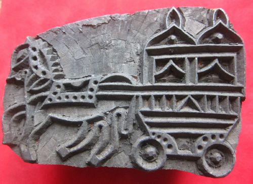 HORSE &amp; CARRIAGE INDIAN HAND CARVED WOODEN TEXTILE STAMP PRINT BLOCK