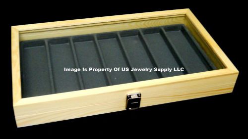 12 Natural Wood Glass Top Lid Grey 7 Slot Jewelry Organizer Display Cases