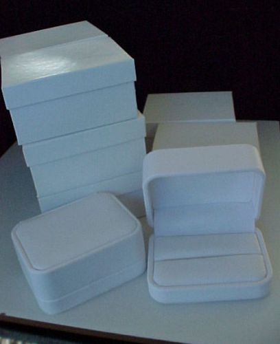 Eight white leatherette double ring metal display storage jewelry gift boxes for sale