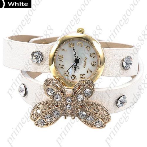 Butterfly rhinestones pu leather quartz lady ladies wristwatch women&#039;s white for sale