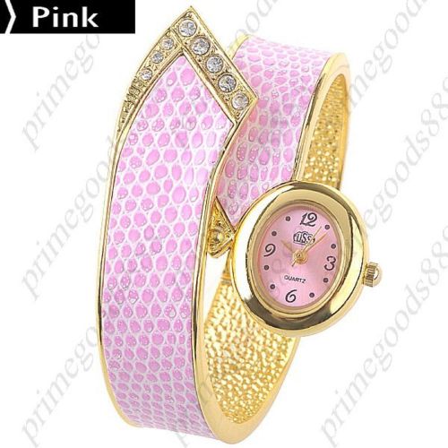 Gold Golden Alloy Synthetic Leather Wrist Quartz Wristwatch Women&#039;s Pink