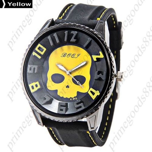 Wide half skull quartz black silica gel analog wrist men&#039;s wristwatch yellow for sale