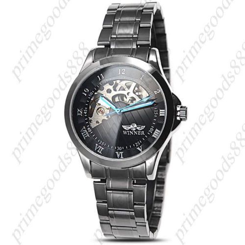 Round stainless steel see through auto mechanical wrist men&#039;s wristwatch black for sale