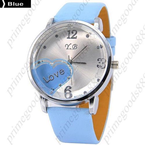 Love Silver Face PU Leather Lady Ladies Analog Quartz Wristwatch Women&#039;s Blue