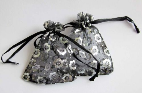 20pcs Black ORGANZA GIFT BAG JEWELRY POUCHES Drawstring Bag Flower 2.8&#034;x3.6&#034;