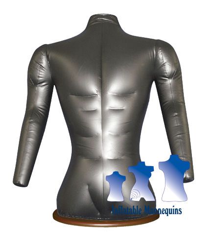 Inflatable Male Torso with Arms, Silver And Wood Table Top Stand, Brown
