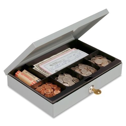 Heavy-duty steel low-profile cash box w/6 compartments, key lock, gray for sale