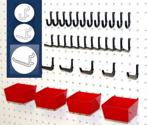 # 39 red part bins and flex lock peg hooks fit 1/4&#034; hole pegboard organizer for sale