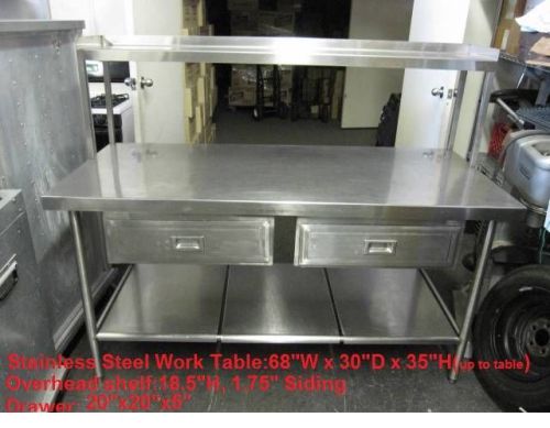 H/d stainless steel work table+overhead+shelf 2 drawers+under shelf 68&#034;x30&#034;x35&#034; for sale
