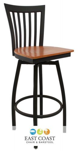 New Gladiator Full Vertical Back Metal Swivel Bar Stool with Natural Wood Seat