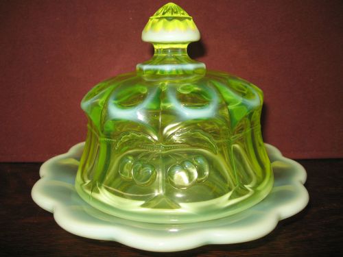vaseline opalescent Glass serving domed butter dish cherry and cable uranium art