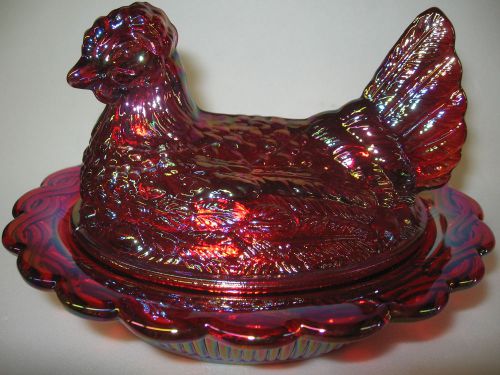 Ruby Red carnival glass hen chicken on nest basket dish rooster candy art royal