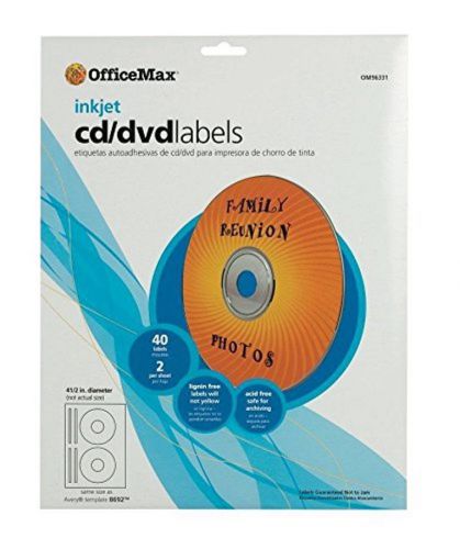 OfficeMax INKJET CD/DVD Labels,4 1/2&#034;  40/Box, White OM96331