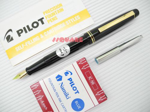Pilot 78G 22K Gold Fountain Pens, Black Pen Fine nib + 6 BLUE IC-50 cartridges