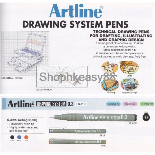 12x artline ek-233 technical drawing system pens 0.3mm choose color free ship for sale