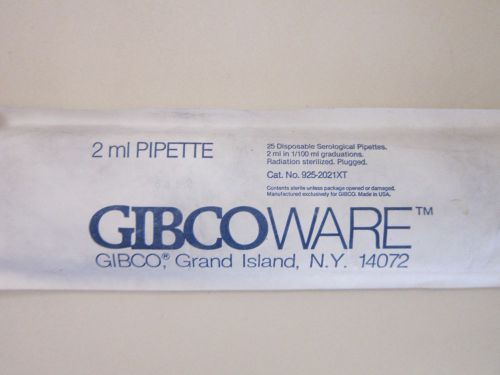 Gibcoware 2ml in 1/100  Disposable Serological pipette 925-2021XT; QTY 20