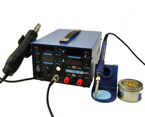3in1 853D (2A) Rework Soldering Station Iron + Hot Air + DC Power Supply 15V 2A