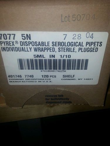 PYREX 7077 5N DISPOSABLE GLASS SEROLOGICAL PIPETS 5ML IN 1/10 PLUGGED BOX OF120