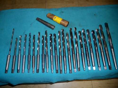 (23) Assorted #1 Morse Taper HS Drills with MT 2-1 and MT 3-1 Adapters