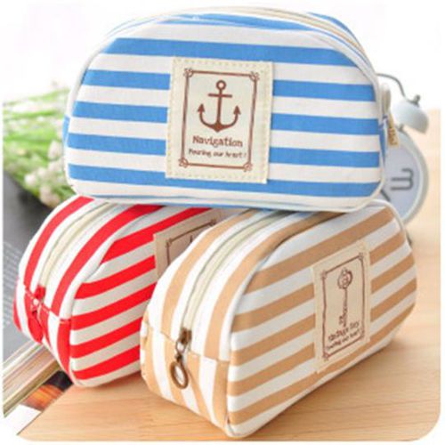 Navy Style Bi-color Stripes Canvas Make-up Cosmetics Pouch Bag - 3 Colors