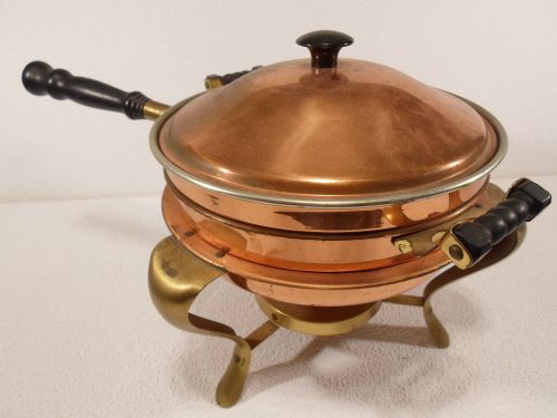 Copper Plated Chafer Vintage Round Wooden Handles Fondue Pot