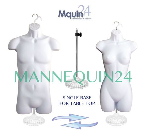2 MANNEQUINS; SET of WHITE MALE &amp; FEMALE + 1 STAND + 2 HANGERS -HARD PLASTIC