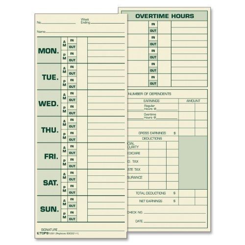 TOPS Time Cards, Weekly, 2-Sided, 3-1/2&#034; x 8-1/2&#034;, Green Print Front/Back,