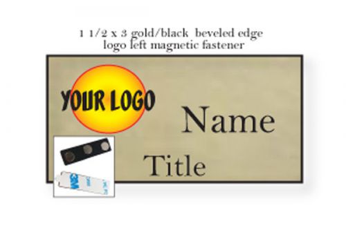 100 GOLD LOGO ON LEFT NAME BADGE TAG 2 LINES OF IMPRINT MAGNETIC FASTENER