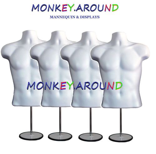 4 Male Mannequin White Torso Form +4 Hanger 4 Stand - Display&#039;s Men Shirt Pants