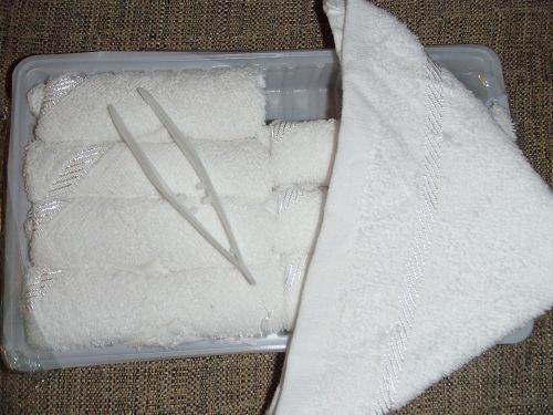 40 prewashed satin headed towelets lemon scented 10&#034;x10&#034; hand towel wash cloth for sale