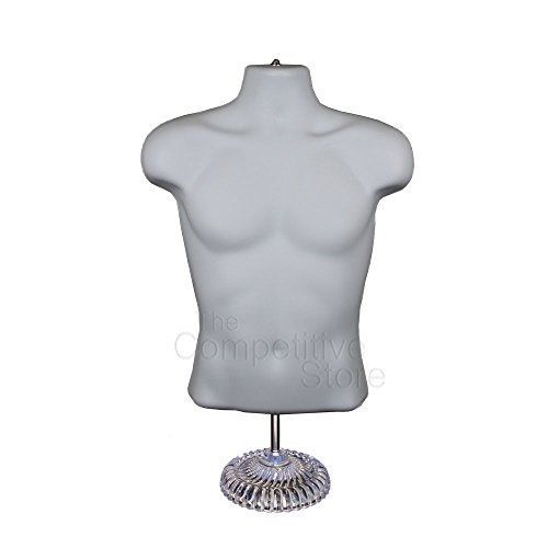 White Torso Male Countertop Mannequin Form (Waist Long) W/ Economic Plastic Base