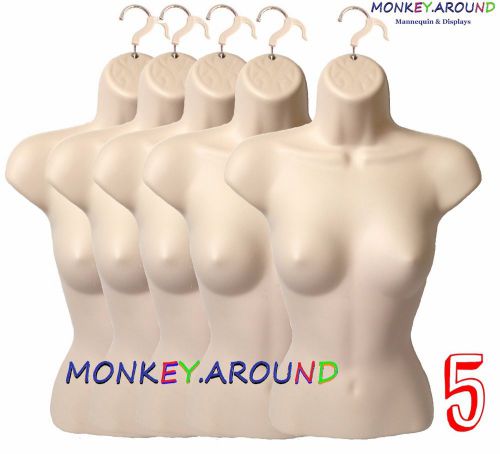 5 Female Mannequin Flesh Torso Forms +5 Hooks - Display Women Dress Pants Shirts