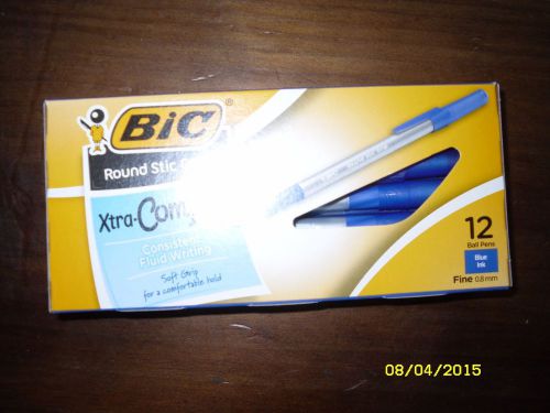12-Bic Round Stic Grip FINE BLUE 1.2 mm Ballpoint Pens, Free USA Shipping