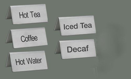 LeRose Stainless Steel Tent Signs ~ Set of 5 ~ &#034;Coffee&#034;, &#034;Decaf&#034;, Hot Water&#034;,