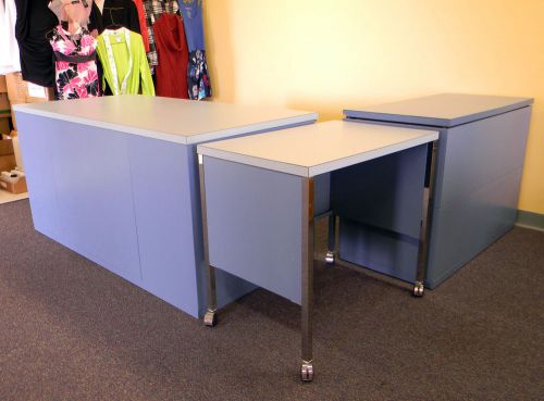 LOT 3 BLUE OFFICE DESK SET 2-DOORS DRAWER PRINTER TABLE ON CASTER WHEELS ROLLS