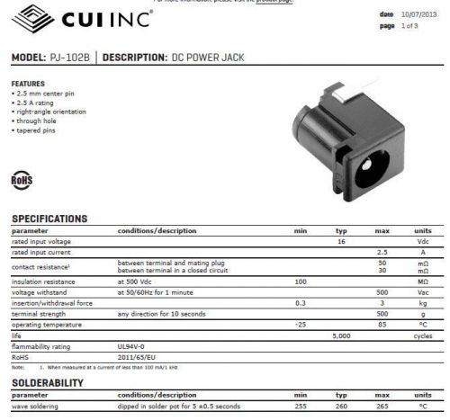 (50 PCs) CUI Inc CP-102B-ND Coaxial DC Power supply Jack 5.5 X 2.5mm PCB Solder
