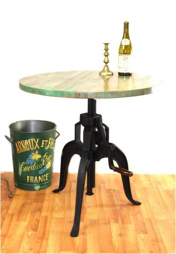 Iron crank side table old fashioned factory industrial bar 30&#034; diameter wood top for sale