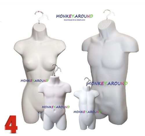 4 pcs Mannequin Male Female Child Toddler White Body Form w/hook hanging Display