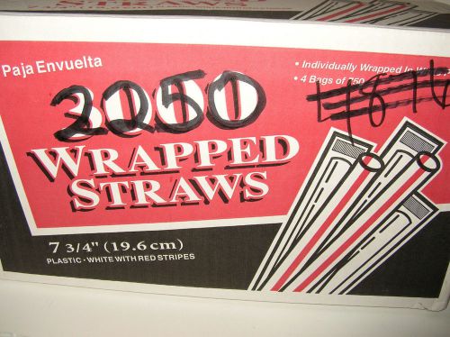 2250 Individual Wrapped Straws White w/Red Stripes Plastic 7-3/4&#034; Foodservice Qu