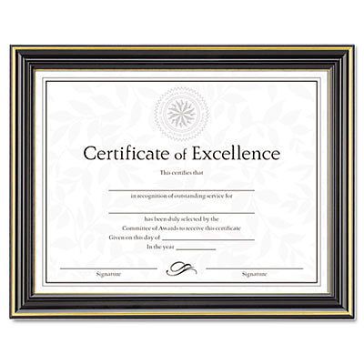 Gold-Trimmed Document Frame w/Certificate, Wood, 8 1/2 x 11, Black, 1 Each