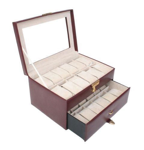 Jewelry Collection Men&#039;s Burgundy Leather Holds 24 Watch Box Watches Key w/ Lock