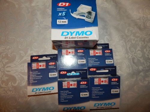 1 case (5) 45015 D1 DYMO Tape Label Cassettes 12 mm 1/2&#034; x 23&#039; 1 inch red White