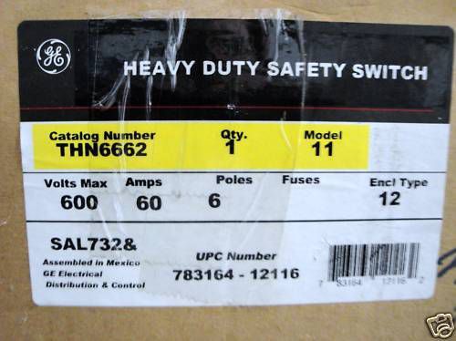 THN6662 GE  600 volt 60 AMP 6 POLE Heavy Duty Safety Switch ~NIB~