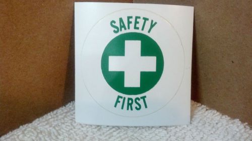 Hard hat sticker, safety first, 2&#034; round, green &amp; white for sale